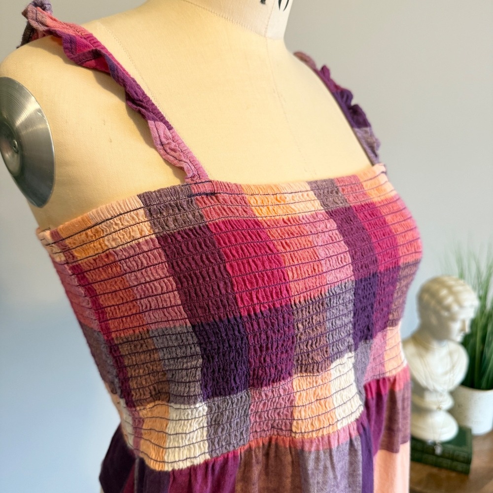 Plaid Smocked Sundress Cotton Pink Purple Midi Cottagecore Summer Dress 12 - Picture 4 of 10